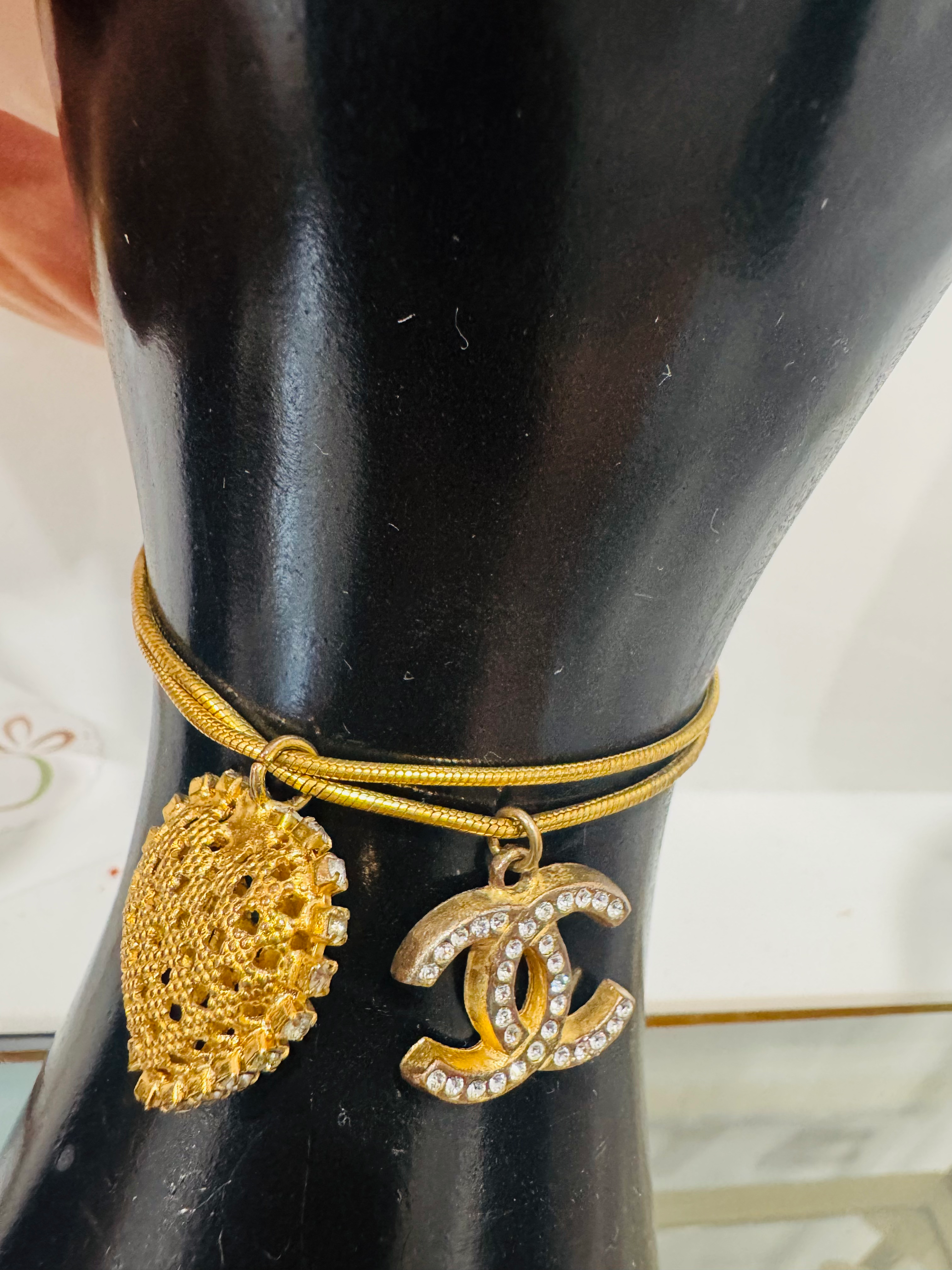Chanel Double chain CC and Heart Charm Gold Bracelet
