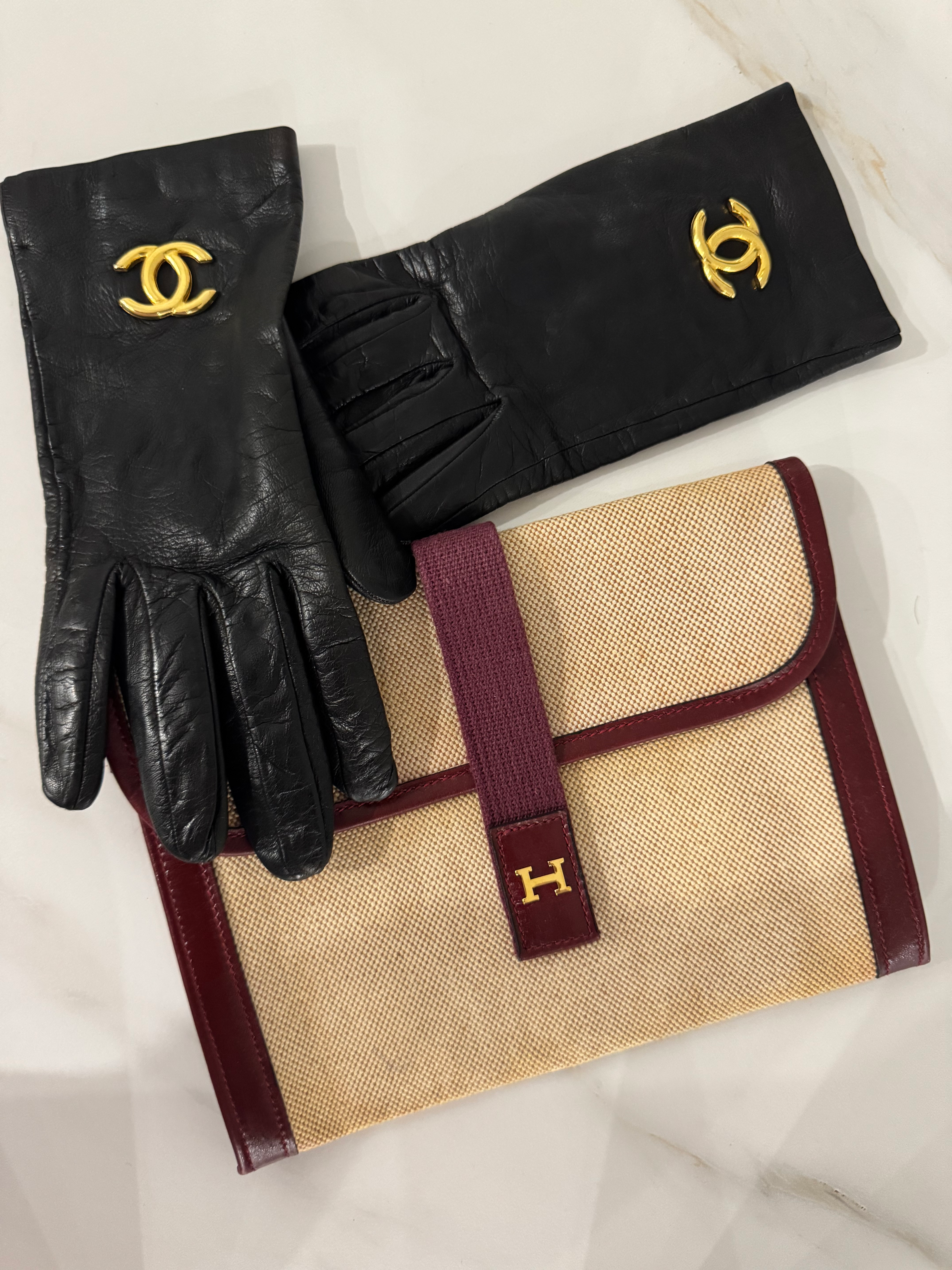 Authentic Chanel Genuine Leather Inner Silk Gloves 