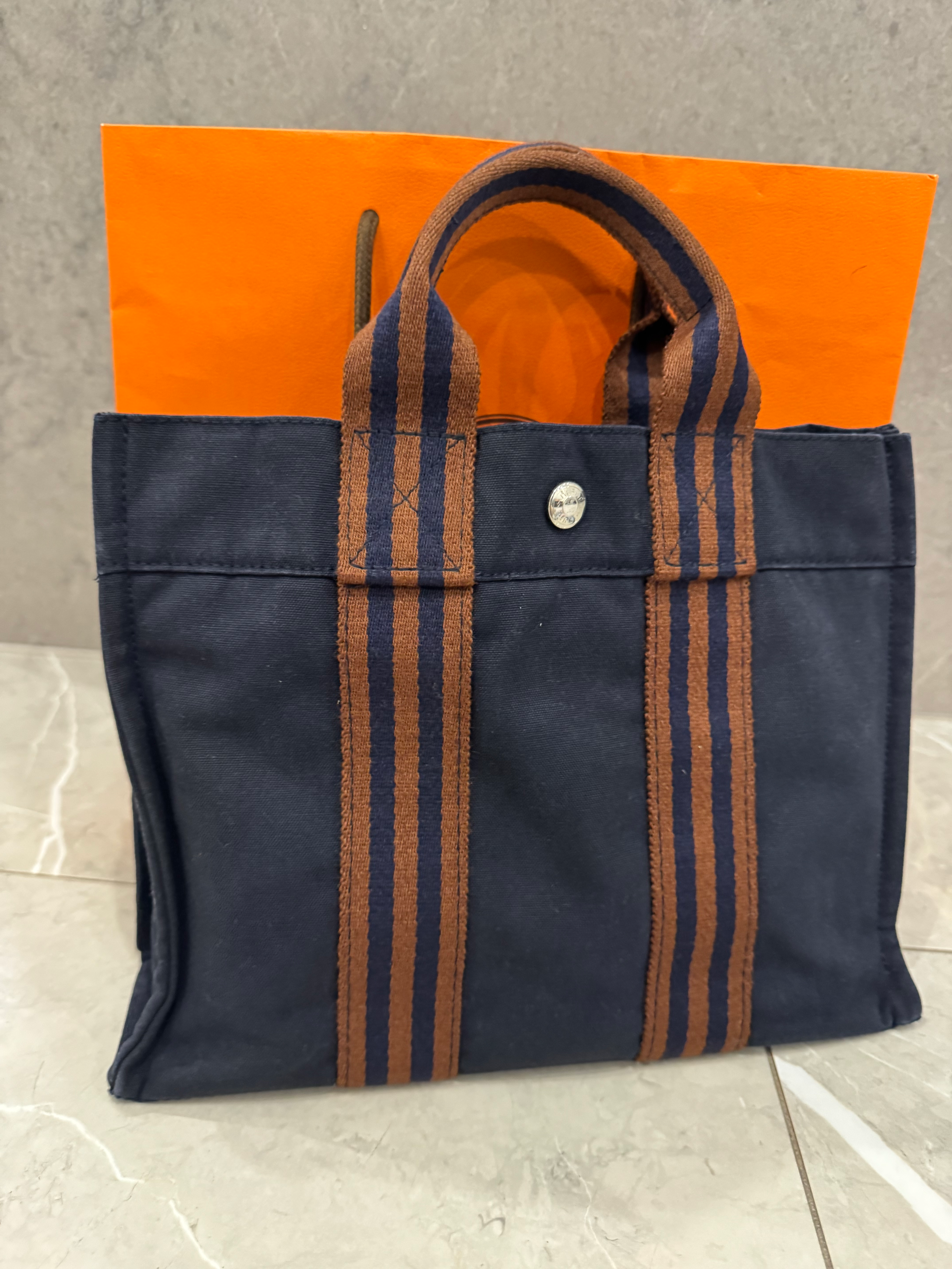 Authentic Hermès Foul PM Canvas Navy Brown Bag 