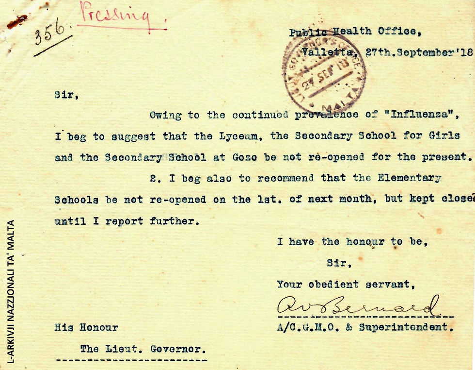 Parir mis-Superintendent tas-Saħħa biex ma jinfetħux l-iskejjel f’Settembru 1918 minħabba l-Influwenza Spanjola (Arkivji Nazzjonali ta’ Malta)