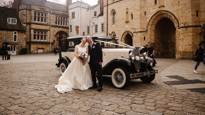 Classic wedding car at Exchequergate Arch, Lincoln