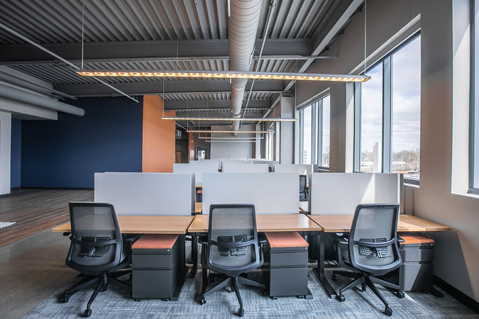 open work area, table chairs, storage