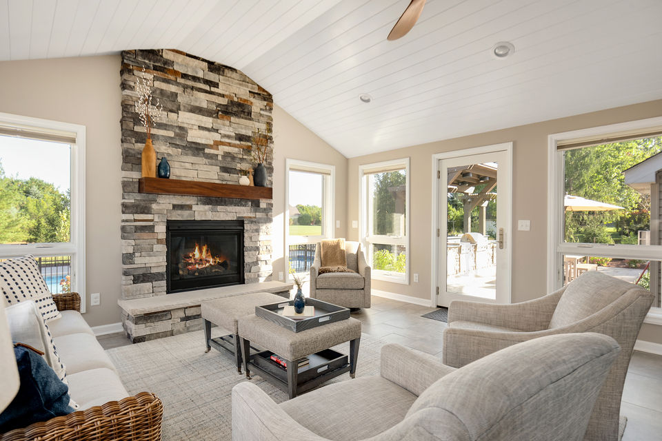 fireplace, couch, chairs, coffee table