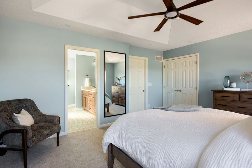 fan, bed, chair, bathroom