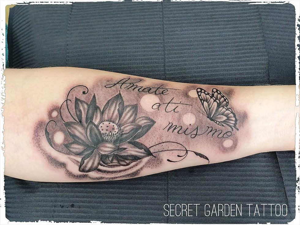 Lotusblüte im Wasser mit Schmetterling