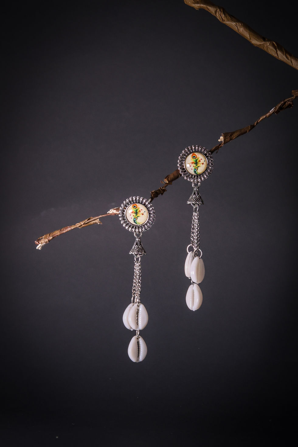 Handcrafted Oxidized Silver Cowrie Shell Earrings with Designer Motif