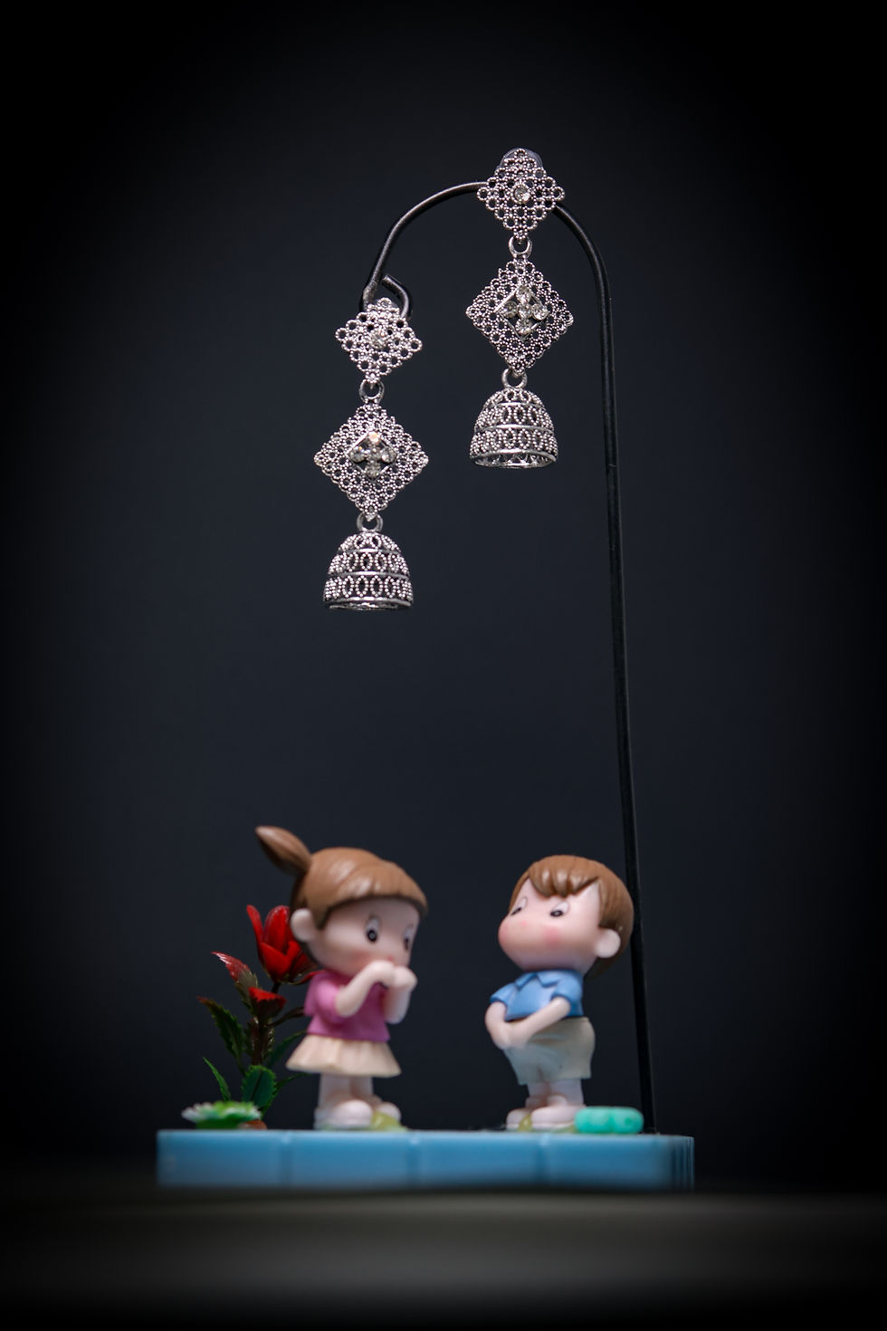 Thumbnail: Oxidized Silver Geometric Dangle Jhumka Earrings