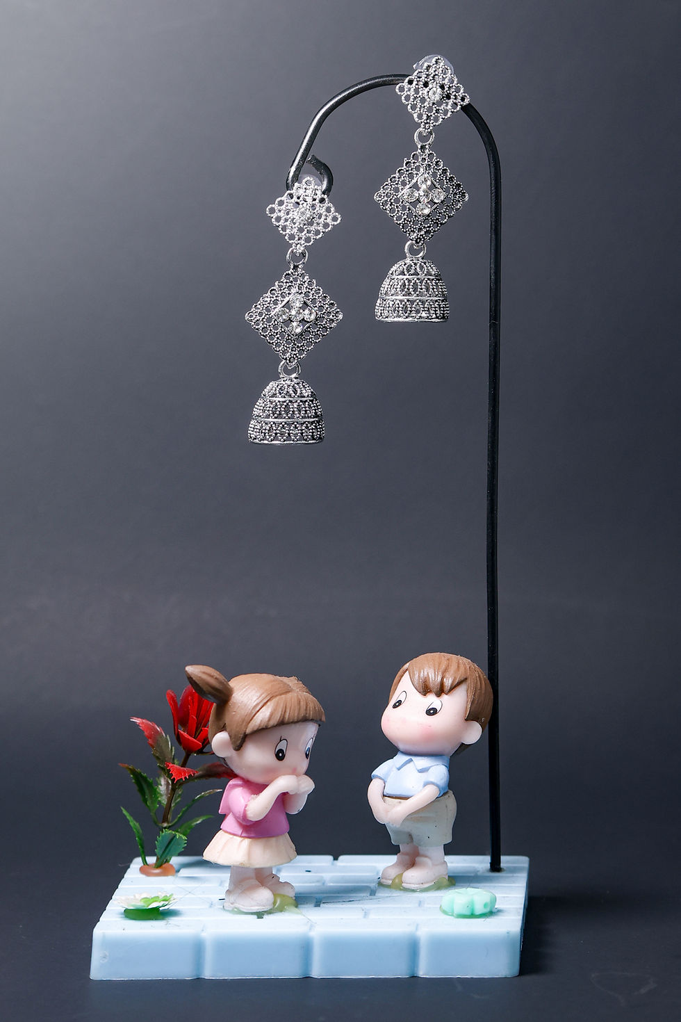 Thumbnail: Oxidized Silver Geometric Dangle Jhumka Earrings