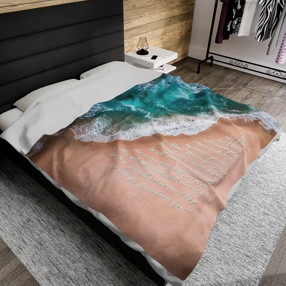 Thumbnail: Velveteen Plush Blanket - Deep Waters Ocean Beach - Isaiah 43:1-2