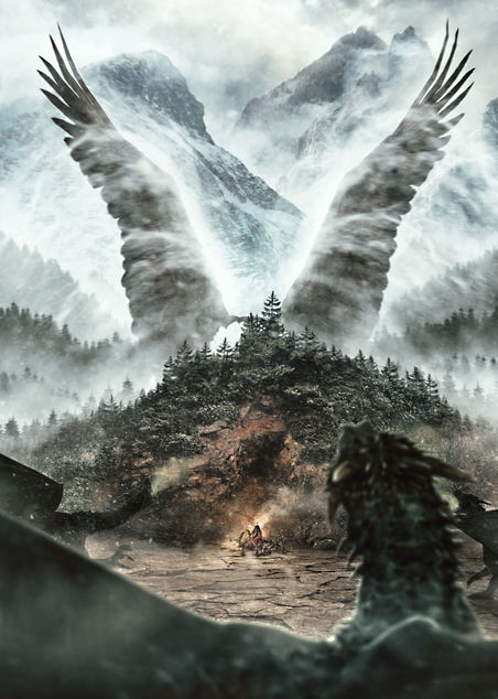 Artistic design showing a girl praying to her eagle statues while the real Protector awaits her call.