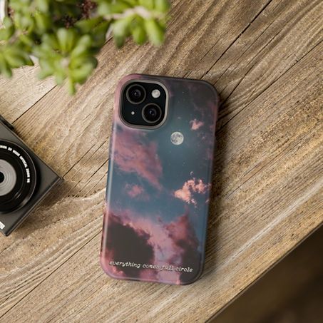Created custom phone case featuring typewriter font phrase "everything comes full circle" with night sky and moon graphic. Designed using Adobe Photoshop.