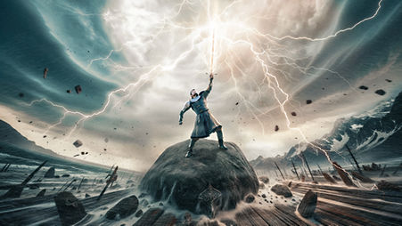 Epic fantasy-themed PC background using Midjourney, DALL-E, and Photoshop. Features immersive environment and dynamic pose adjustments with puppet warping.