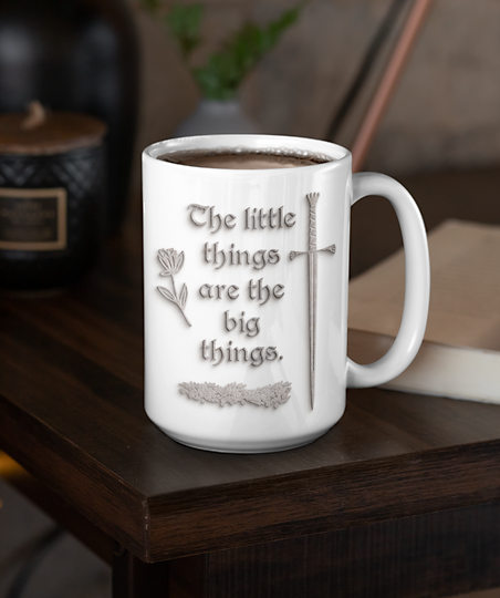 Custom sublimation print coffee mug with an inspirational quote, contrasting flower and sword design, available in white and black. Client collaboration ensured satisfaction.