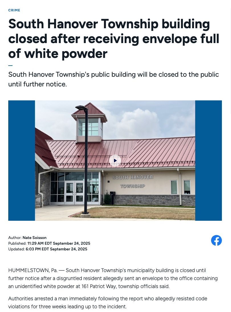 South Hanover Township building closed after receiving envelope full of white powder
