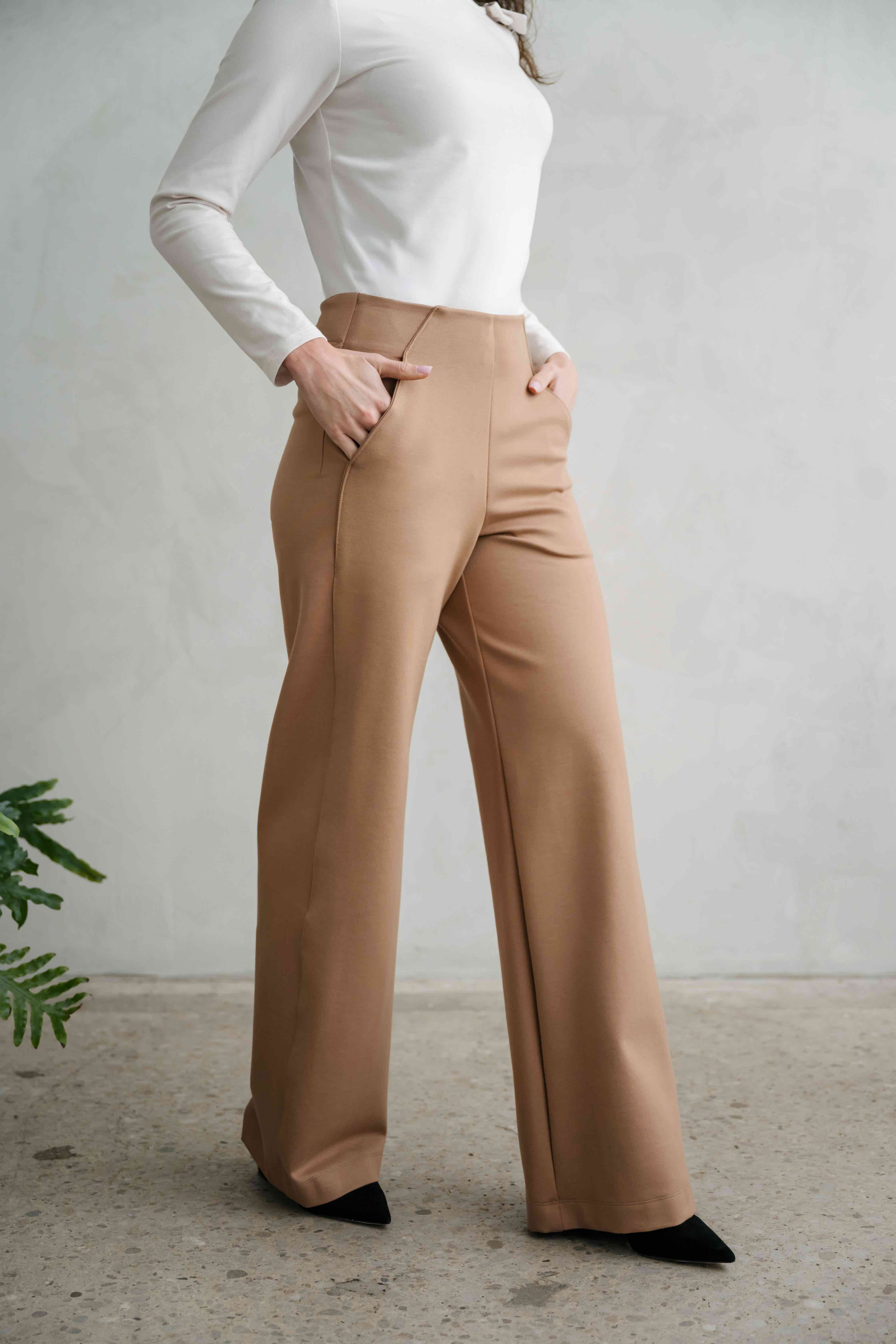 wide leg tan double knit pant