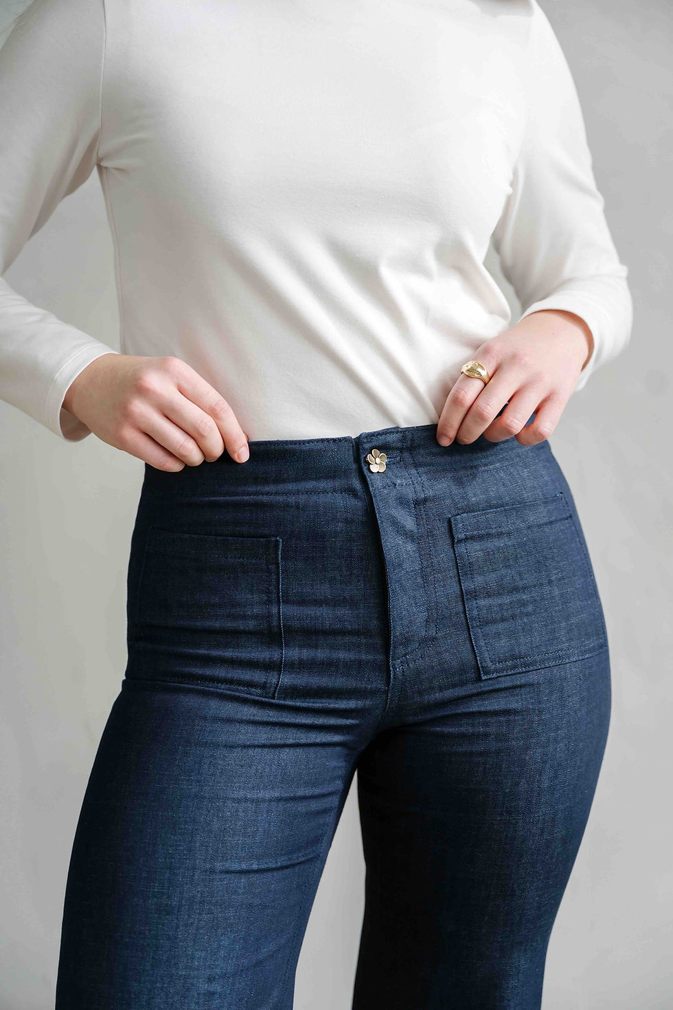Thumbnail: wide leg denim with flower button