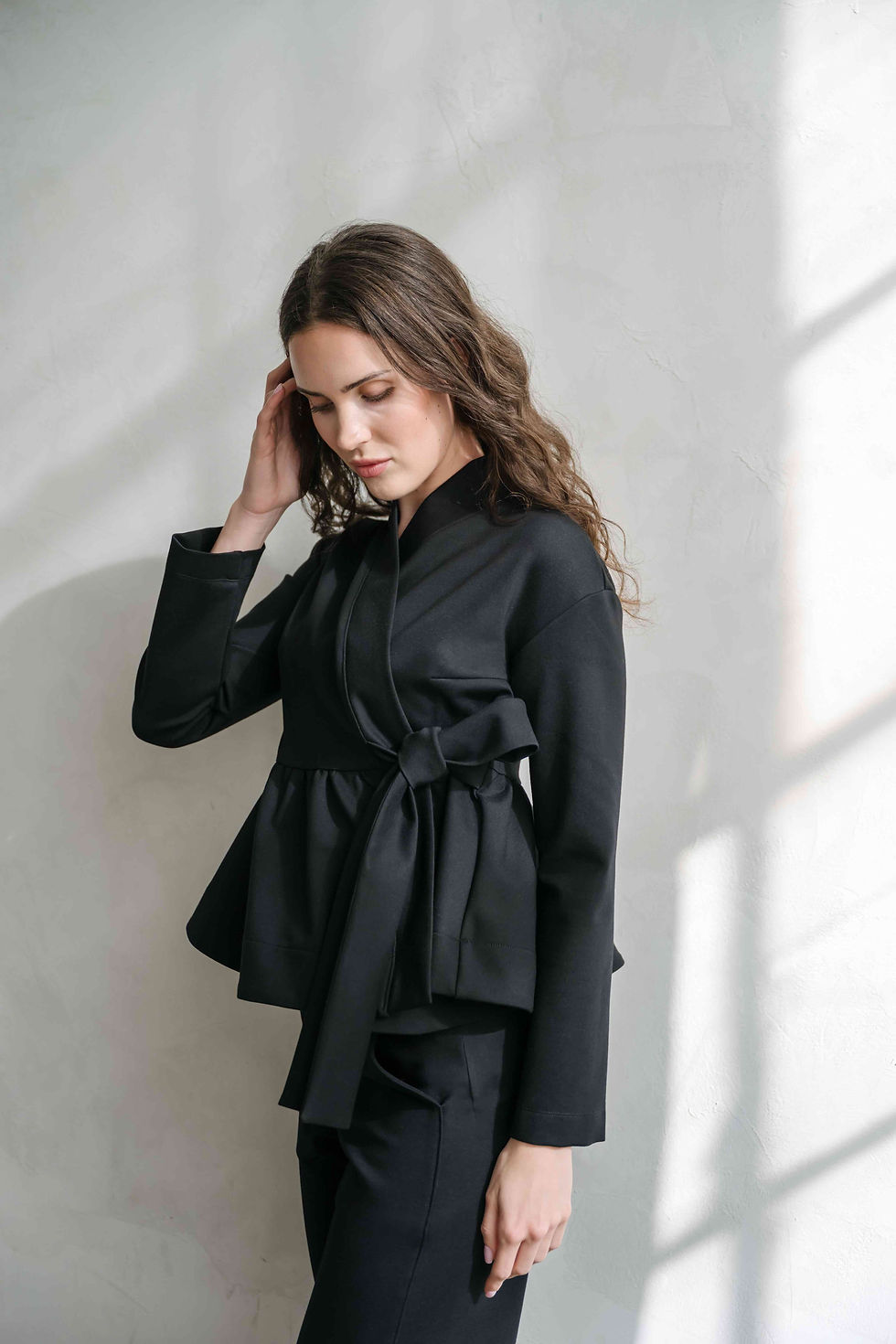 Thumbnail: black kimono jacket with waist tie