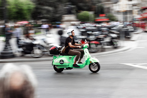 barcelona, spain, barcelona spain, man on moped, green moped