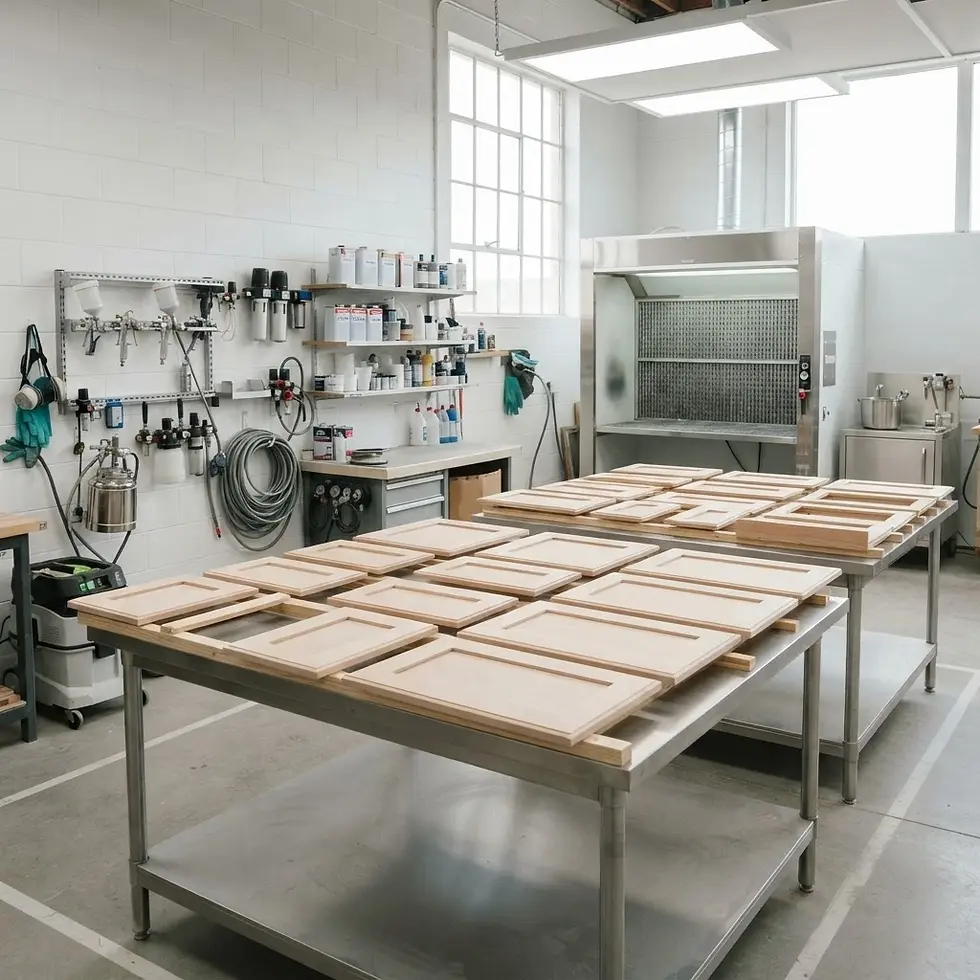 Studio photography of a professional woodworking workshop with unfinished cabinet doors laid out on metal tables. The workspace is bright, clean, and organized with various tools mounted on the walls.