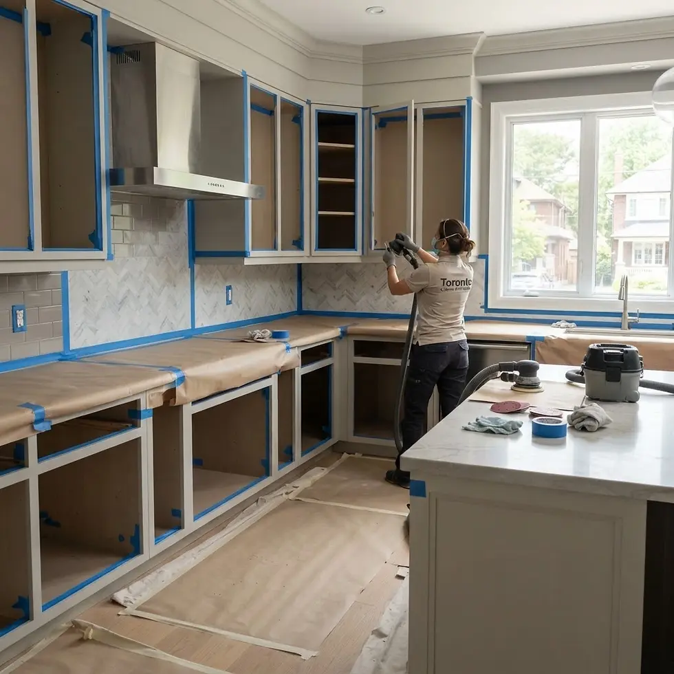 Studio photography showing a technician sanding cabinets in a kitchen renovation project. The space is covered in protective masking tape and paper, creating a focused, professional workspace.