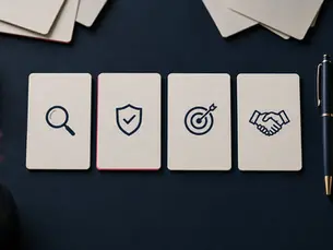 Four cards representing visibility, trust, targeting and sales on a navy desk, illustrating a Q4 marketing strategy for SMEs.