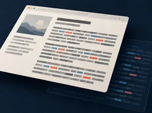 Illustration of a webpage with highlighted text patterns and a translucent layer representing AI watermarking, against a dark navy background.