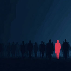 A person who is all red in a crowd of people who are a dark shadow