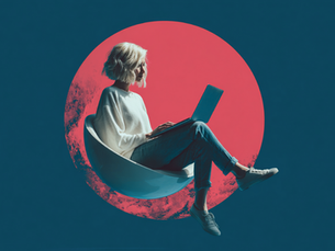 Woman sitting at a laptop on a floating chair