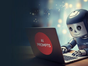 A robot working on a laptop with AI prompts on the back of the laptop screen