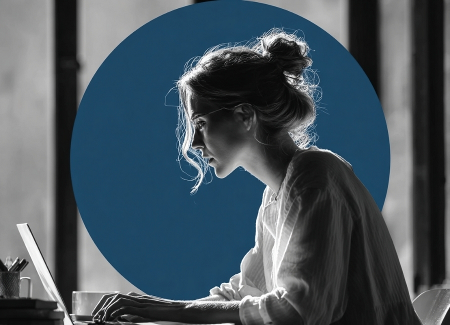 Woman working at a laptop with her hair tied up with a navy circle behin her