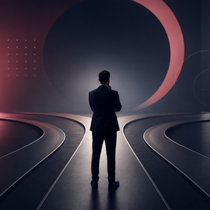 A business leader standing at a crossroads in a dark navy futuristic space, symbolising buyer psychology