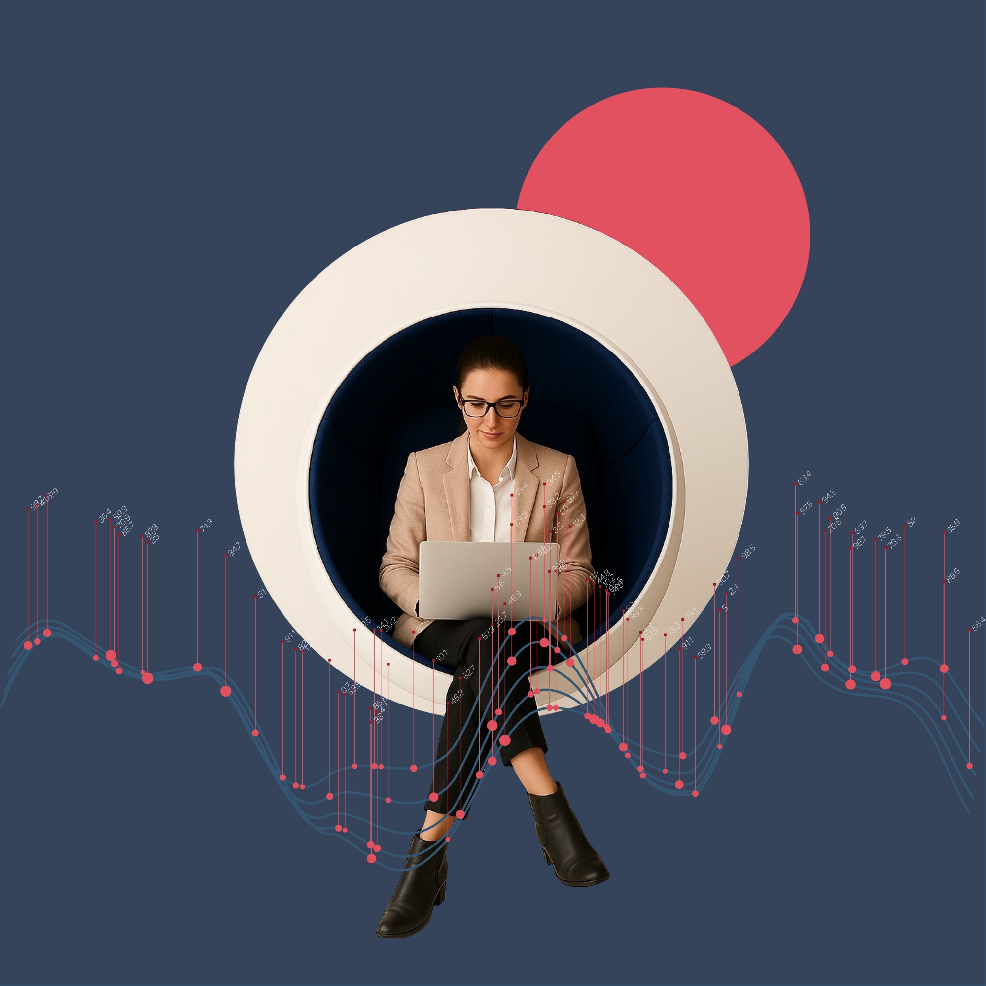 Woman with dark hair sitting on a floating chair working on a laptop