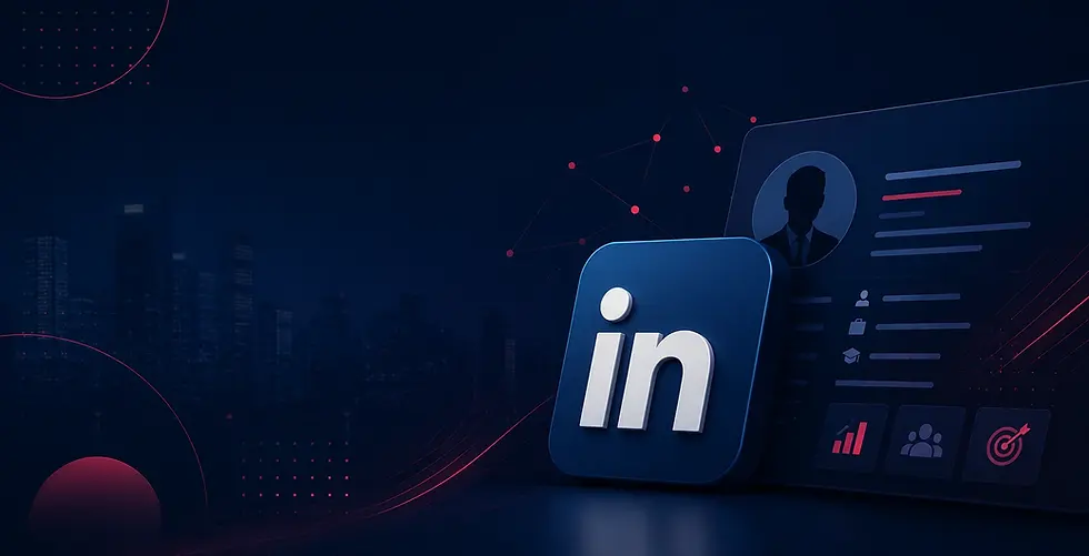 3D LinkedIn logo on a dark navy background with a modern digital profile interface