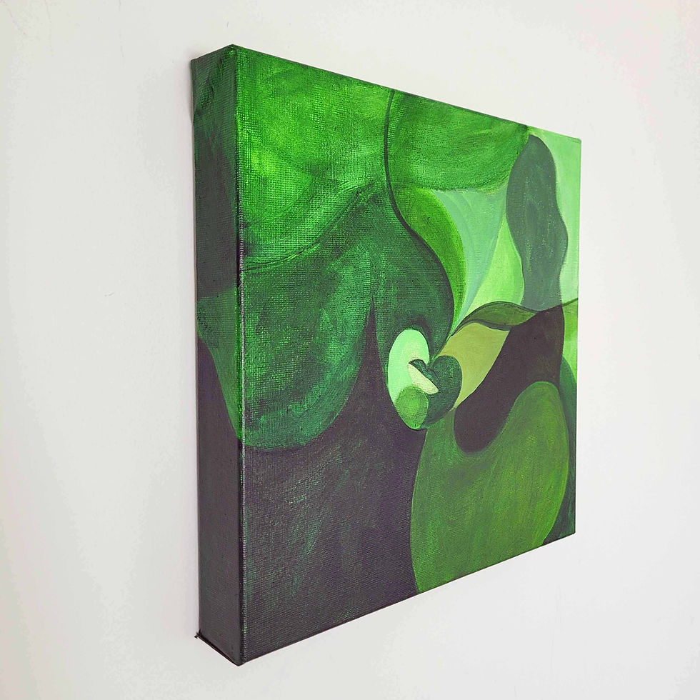 Left side view of square format abstract painting of abstracted woman's face