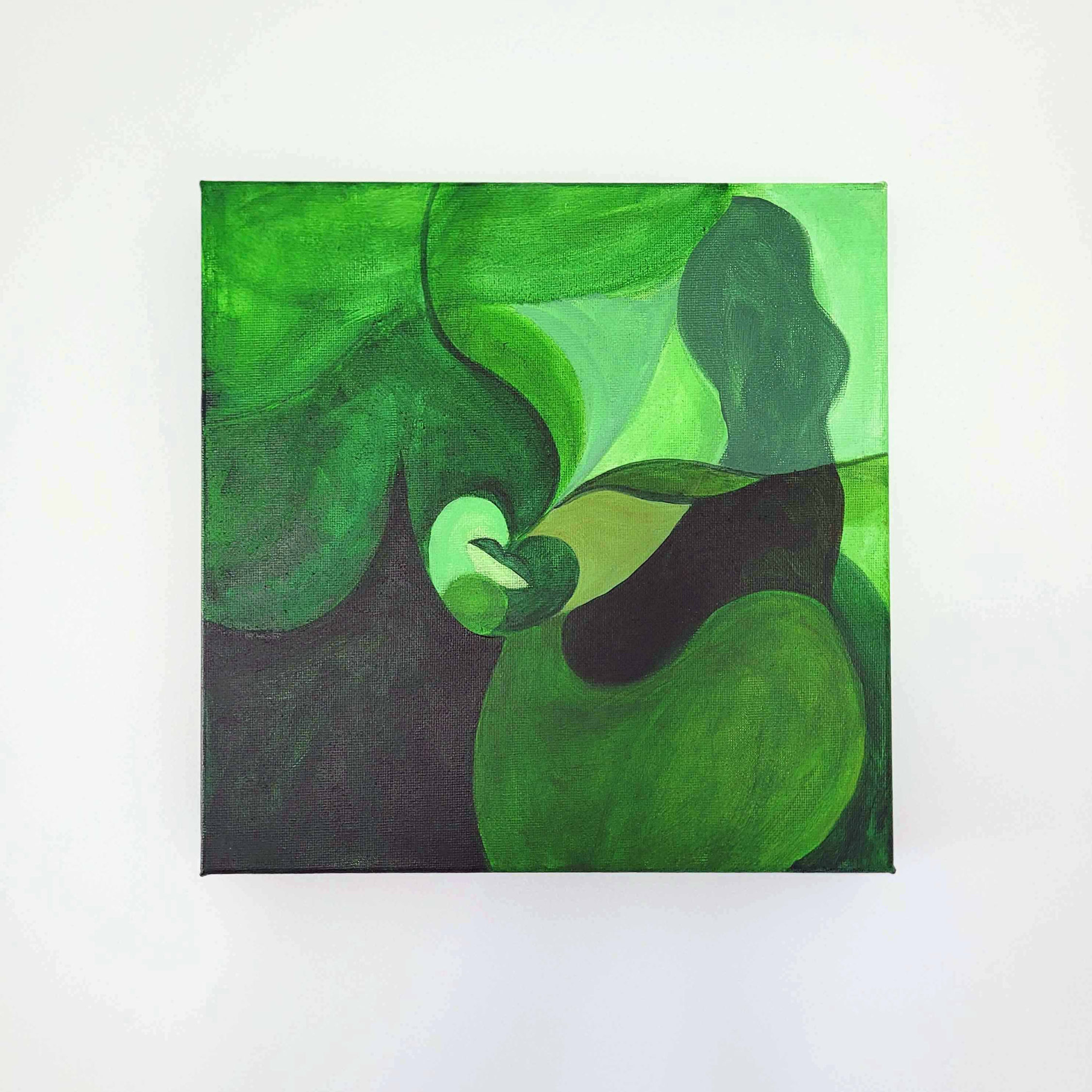 Front view of square format abstract painting of abstracted woman's face