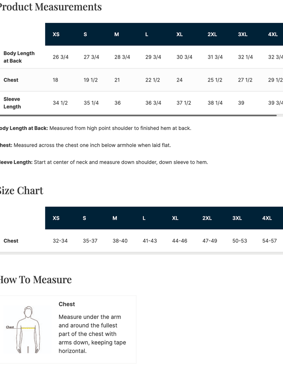 Product measurement chart with body, chest, and sleeve measurements for various sizes.