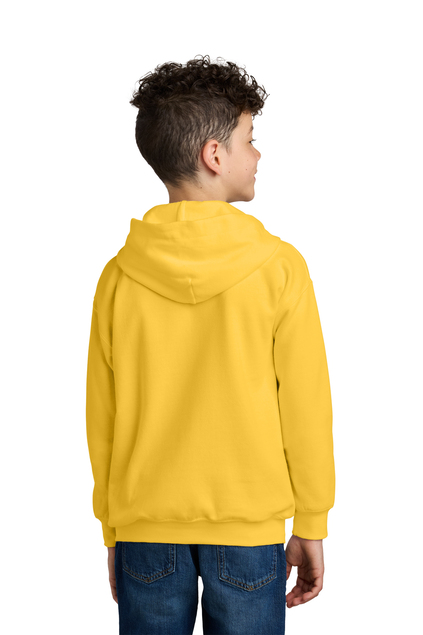 Young boy wearing a yellow hoodie, back view, on a white background.