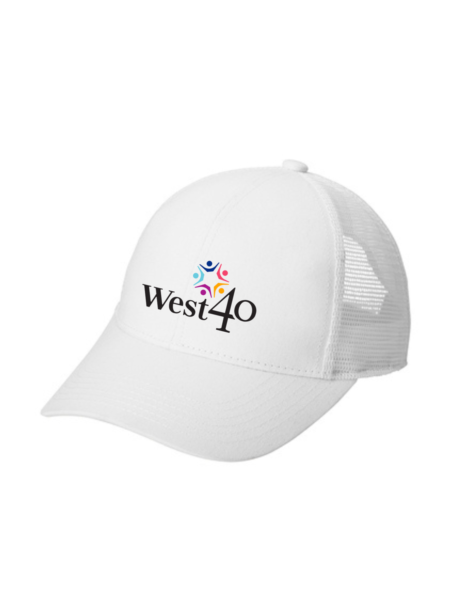 White hat with West40 logo; West40 StitchED for team activities and events