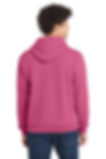 Man wearing pink hoodie, back view.
