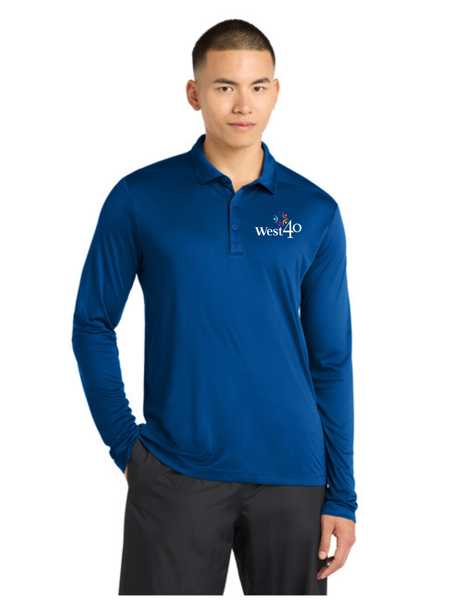 Man wearing blue Port Authority® Silk Touch™ Performance 1/4-Zip