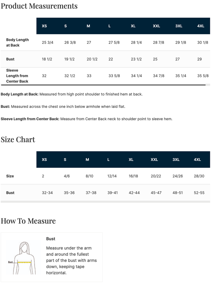Product measurements, size chart, how to measure, and text details displayed on white background.