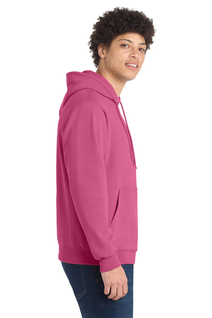 Man wearing pink hoodie, side profile