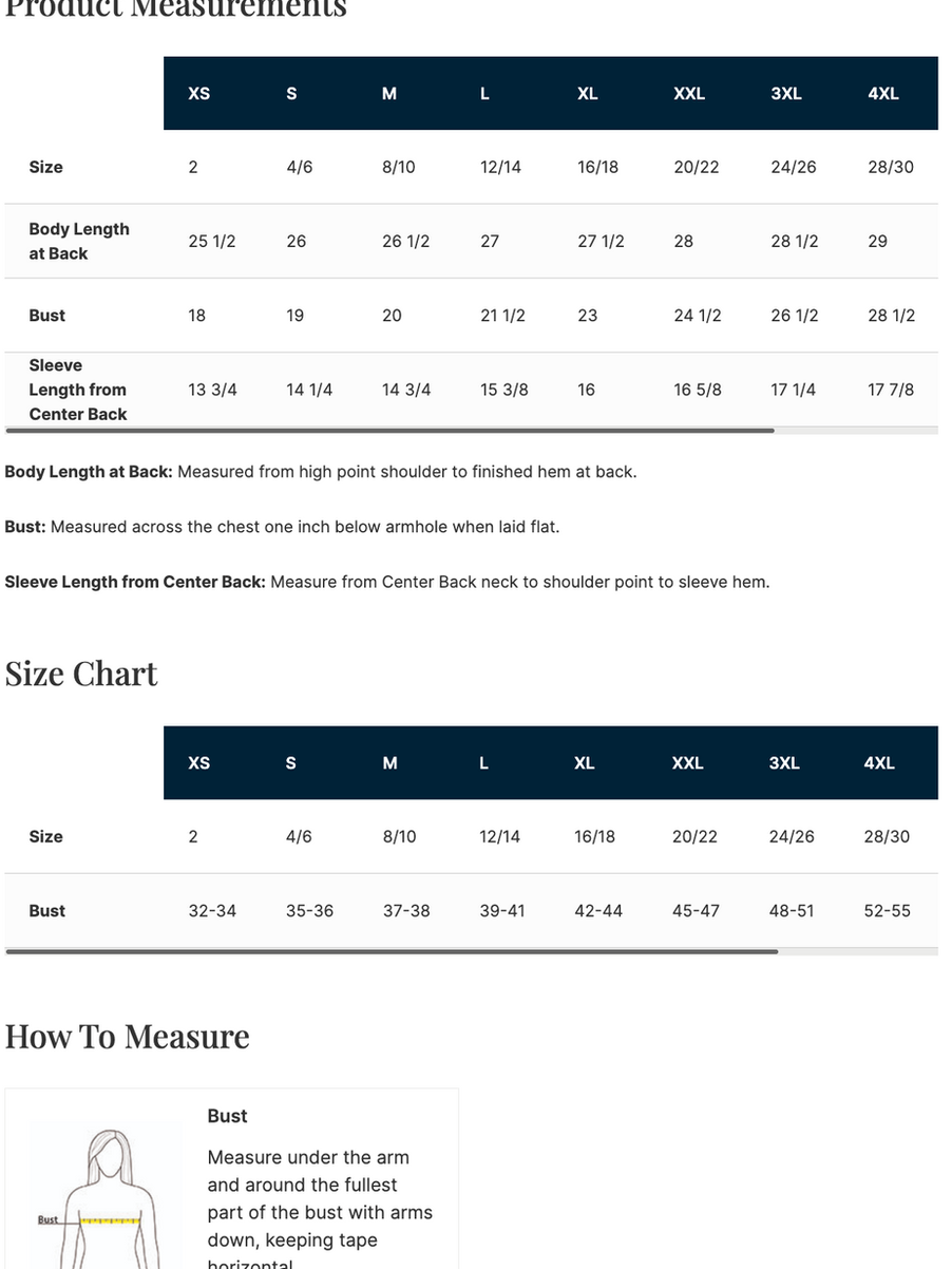Product Measurements, Size Chart, How to Measure, size, bust, sleeve, information details, West40 StitchED