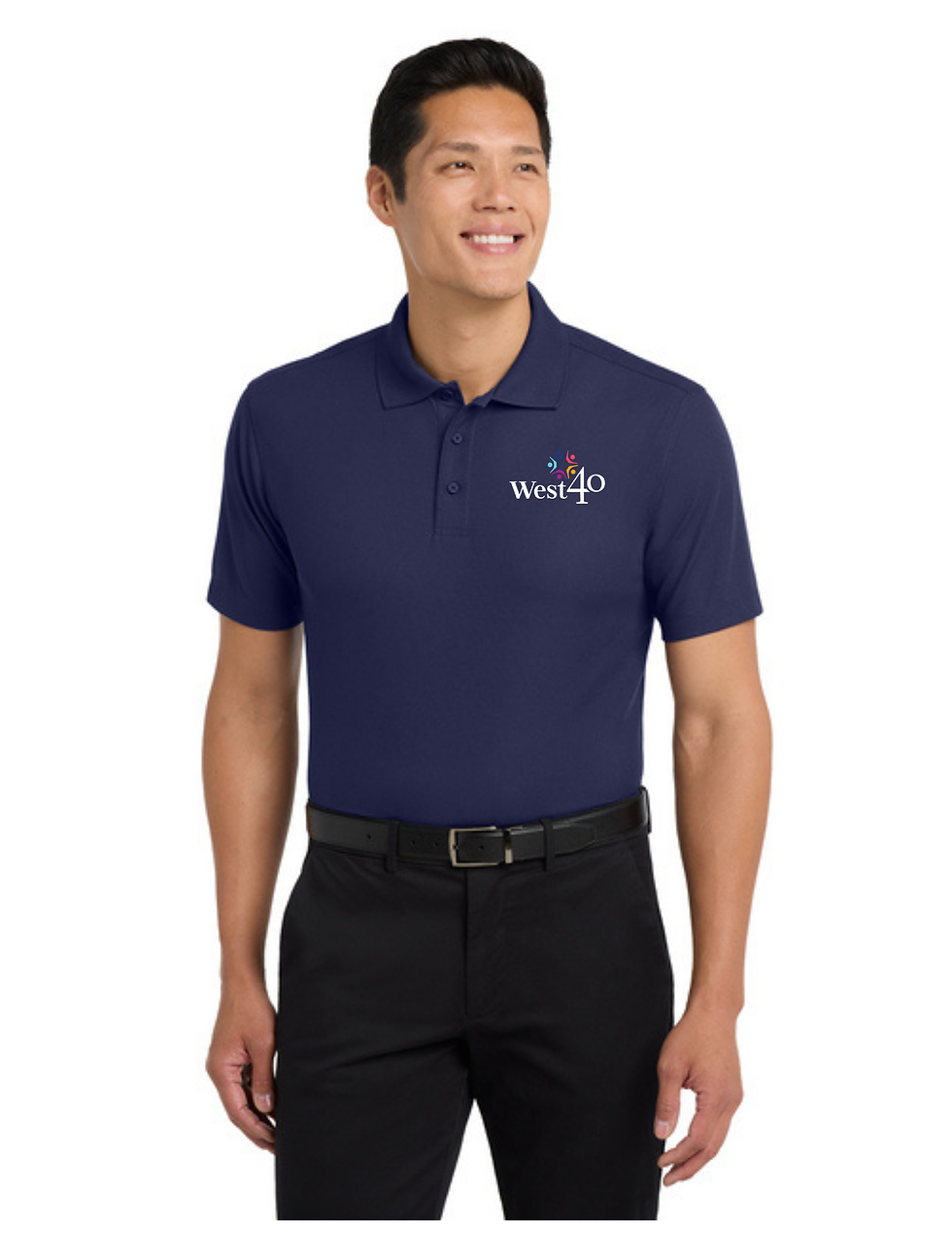 Man wearing navy polo shirt, Port Authority® Silk Touch™ Performance 1/4-Zip (K584).