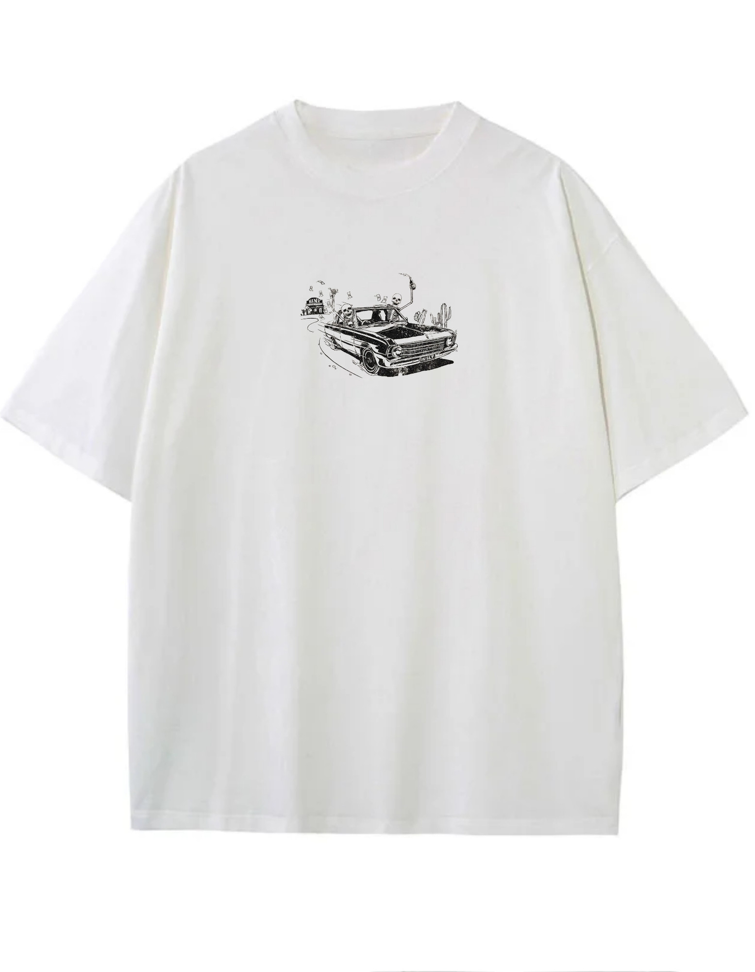 İskelet Gezerler Baskılı Vintage Oversize Tişort