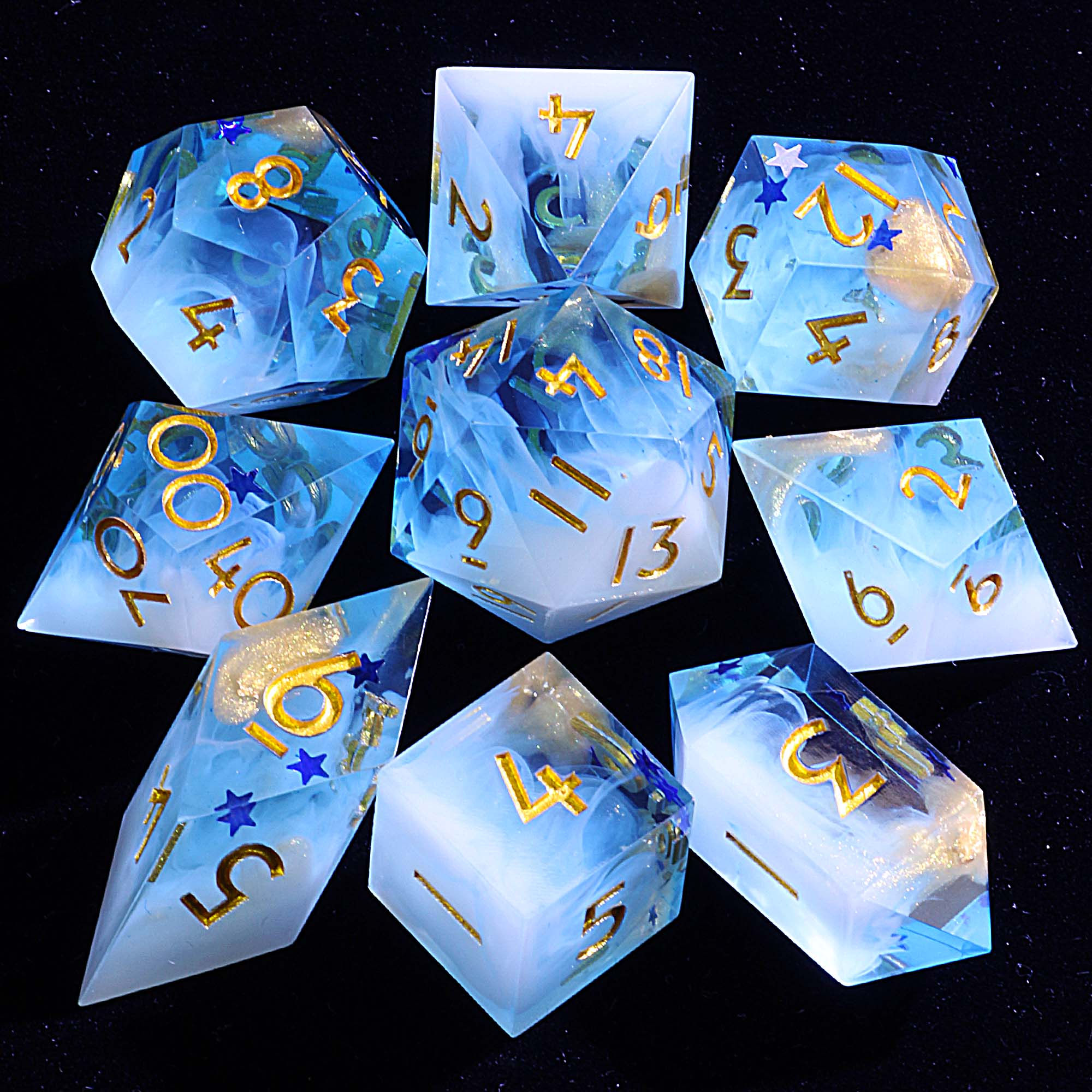 9 Polyhedral Resin DnD Set of Dice Frost Mirage Stellar