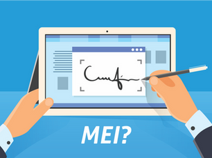 Uma mão usando um stylus para escrever na tela de um tablet, que mostra uma mensagem de texto. A mensagem diz "MEI?", o que sugere uma solicitação ou pergunta. O fundo é azul e apresenta gráficos e ícones relacionados a tecnologia e serviços.