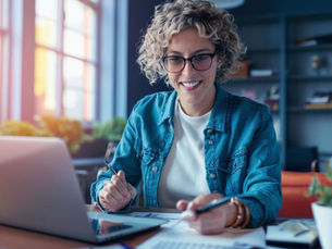 Mulher sentada em escritório, usando óculos e segurando um lapiz. Ela está trabalhando com um laptop aberto na mesa. Atrás dela, há uma janela com luz natural entrando.