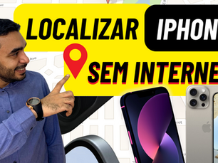 Anúncio promocional para um serviço de localização de telefones celulares. O anúncio inclui uma imagem do mapa com o texto "Localizar seu iPhone senhamente" e um homem em frente, apresentando o serviço como uma solução prática para encontrar dispositivos perdidos ou desapegados.