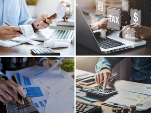 A imagem composta por quatro fotos, cada uma mostrando um aspecto diferente da vida financeira e profissional. Na primeira foto, uma pessoa está usando um computador para fazer cálculos financeiros. Na segunda, outra pessoa está usando um tablet para acessar informações financeiras. Na terceira, uma pessoa está usando um smartphone para fazer cálculos financeiros. Na quarta foto, uma pessoa está usando um computador para fazer cálculos financeiros e também para acesso de informações financeiras.